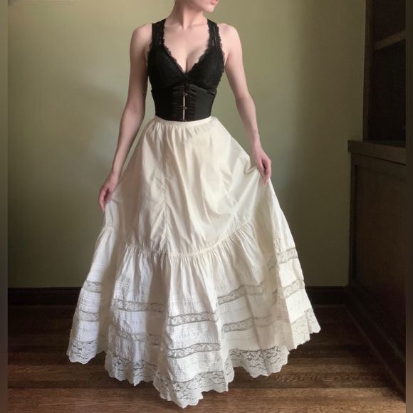 Antique Tiered Petticoat, Full Length Lace Skirt, Corset Waist - Picture 3 of 12